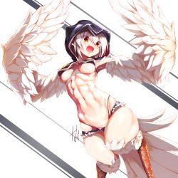 Rule 34 | 1girl, abs, absurdres, albalebiyu (master nabesama), armpits, bikini, bikini under clothes, bird legs, bird tail, black bikini, breasts, commentary request, eyes visible through hair, feathered wings, feathers, feet out of frame, hair between eyes, harpy, highres, hood, hood up, huge filesize, looking at viewer, master nabesama, medium breasts, micro shorts, monster girl, navel, open mouth, original, short hair, shorts, solo, swimsuit, tail, teeth, toned, underboob, upper teeth only, white background, white hair, winged arms, wings, yellow eyes