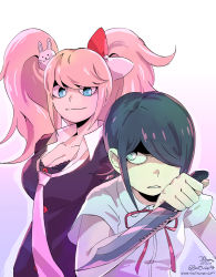 Rule 34 | 2girls, black hair, black shirt, blonde hair, blue eyes, bow, bra, breasts, cleavage, closed mouth, collarbone, collared shirt, danganronpa: trigger happy havoc, danganronpa (series), ears, enoshima junko, female focus, gradient background, hair bow, hair ornament, highres, holding, holding knife, holding weapon, ikusaba mukuro, knife, looking at another, looking back, looking down, looking up, multiple girls, bowtie, neck ribbon, nose, one eye covered, open mouth, purple background, rabbit hair ornament, red bow, red headwear, red ribbon, ribbon, shiny skin, shirt, short sleeves, siblings, simple background, sisters, smile, standing, twins, twintails, underwear, upper body, weapon, white background, white bow, white headwear, white shirt