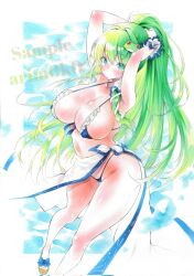 Rule 34 | 1girl, adjusting hair, arim0k0, arms up, artist name, bikini, bow, breasts, commentary request, corrupted twitter file, foot out of frame, footwear bow, frog hair ornament, green eyes, green hair, hair ornament, hands in hair, high ponytail, highres, kochiya sanae, lace, lace-trimmed bikini, lace trim, large breasts, long hair, looking at viewer, ponytail, sample watermark, sandals, sarong, snake hair ornament, solo, swimsuit, touhou, watermark