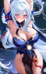 Rule 34 | 1girl, absurdres, armpits, arms up, bare shoulders, blue dress, blush, breasts, chain, cleavage, detached sleeves, dress, fantongjun, gloves, high ponytail, highres, honkai: star rail, honkai (series), jingliu (honkai: star rail), large breasts, long hair, looking at viewer, pelvic curtain, red eyes, solo, thighhighs, thighs, white hair