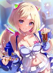 Rule 34 | 1girl, aki rosenthal, aki rosenthal (sleepwear), beer can, blonde hair, blush, bob cut, breasts, can, cleavage, detached hair, drink can, hair ornament, headgear, highres, hololive, large breasts, long hair, looking at viewer, low twintails, navel, official alternate costume, open mouth, parted bangs, peanut, purple eyes, short hair, smile, solo, tsurugi hikaru, twintails, virtual youtuber