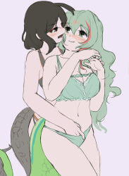 Rule 34 | 2girls, behind another, black eyes, black hair, black mamba (kemono friends), boomslang (kemono friends), bra, breasts, cleavage, closed mouth, couple, cowboy shot, fang, fingering, green eyes, green hair, hair between eyes, hand in another&#039;s panties, hand in panties, hands up, height difference, highres, intertwined tails, kemono friends, large breasts, long hair, looking at another, medium hair, multicolored hair, multiple girls, navel, noha (nohnd), open mouth, panties, reach-around, red hair, simple background, sketch, skindentation, smile, snake tail, stomach, tail, two-tone hair, underwear, underwear only, white background, yuri