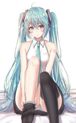 Rule 34 | 1girl, :o, ahoge, akira (been0328), asymmetrical legwear, bad id, bad pixiv id, bare arms, bare shoulders, bed sheet, black skirt, black thighhighs, blush, breasts, collared shirt, commentary, green eyes, green hair, green necktie, hair ornament, hatsune miku, highres, knees up, long hair, necktie, no shoes, panties, parted lips, shirt, sidelocks, sitting, skirt, sleeveless, sleeveless shirt, small breasts, soles, solo, striped clothes, striped panties, thighhighs, thighhighs pull, twintails, underwear, uneven legwear, very long hair, vocaloid, white background, white shirt