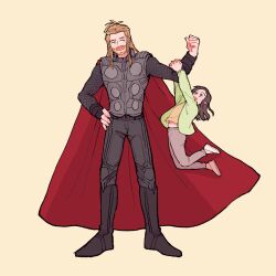 Rule 34 | 1boy, 1girl, animification, antenna hair, arm up, armor, arms up, avengers: endgame, avengers (series), beard, black footwear, black shirt, blonde hair, blue eyes, boots, brown eyes, brown hair, cape, child, chinese commentary, clenched hand, facial hair, fingernails, full body, green jacket, grey pants, hand on own hip, heterochromia, highres, jacket, legs up, long hair, long sleeves, looking at another, looking up, marvel, marvel cinematic universe, morgan stark, navel, open clothes, open jacket, open mouth, orange shirt, pants, puffy long sleeves, puffy sleeves, red armor, red cape, shirt, shoes, sidelocks, simple background, smile, standing, t-shirt, thor (marvel), white footwear, wodeyongheng, yellow background