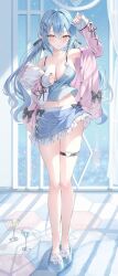 Rule 34 | 1girl, absurdres, ahoge, bare shoulders, blue hair, blue skirt, blush, breasts, elf, frilled skirt, frills, hair between eyes, hair ornament, hair ribbon, hairclip, heart, heart ahoge, highres, holding, holding pillow, hololive, hugging object, jacket, large breasts, long hair, looking at viewer, low twintails, multicolored hair, navel, open clothes, open jacket, open mouth, pillow, pillow hug, pointy ears, ribbon, rin yuu, skirt, sleeves past wrists, solo, standing, tank top, thigh strap, twintails, virtual youtuber, x hair ornament, yellow eyes, yukihana lamy