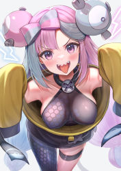 Rule 34 | 1girl, akabane (zebrasmise), blue hair, breasts, collarbone, commentary request, creatures (company), double bun, game freak, hair bun, highres, iono (pokemon), jacket, looking at viewer, medium breasts, multicolored hair, nintendo, open mouth, pink eyes, pink hair, pokemon, pokemon sv, sharp teeth, sleeves past fingers, sleeves past wrists, solo, teeth, thigh strap, tongue, tongue out, two-tone hair, yellow jacket
