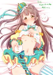 Rule 34 | 10s, 1girl, blush, bow, breasts, brown eyes, brown hair, clearite, crown, dated, detached sleeves, happy birthday, hat, long hair, looking at viewer, love live!, love live! school idol festival, love live! school idol project, lying, midriff, minami kotori, navel, on back, one side up, puffy detached sleeves, puffy sleeves, scepter, side ponytail, skirt, smile, solo, spread legs, striped bow, striped clothes, striped thighhighs, thighhighs, underboob, vertical-striped clothes, vertical-striped thighhighs, wand, yellow eyes
