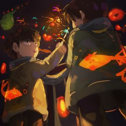 Rule 34 | 2boys, :d, black hair, black pants, brothers, ekubo (mob psycho 100), eye contact, fireworks, fish, goldfish, highres, jacket, kageyama ritsu, kageyama shigeo, looking at another, male focus, mob psycho 100, multiple boys, night, night sky, open mouth, outdoors, pants, siblings, sky, smile, sparkler, standing, aged down