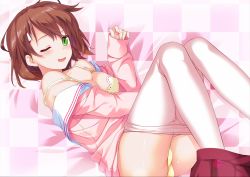 Rule 34 | 1girl, ass, blush, bra, breasts, brown hair, checkered background, cleavage, clothes pull, commentary request, from above, green eyes, hair ornament, hairclip, legs, looking at viewer, lying, medium breasts, on side, one eye closed, open mouth, original, panties, pantyhose, pantyhose pull, pink background, pleated skirt, red skirt, school uniform, shirt pull, short hair, skindentation, skirt, skirt around one leg, smile, solo, strap slip, underwear, uniform, uzuki hiro, white pantyhose, yellow bra, yellow panties