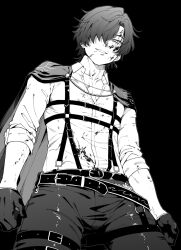 Rule 34 | 1boy, adam&#039;s apple, belt, belt buckle, black background, blood, buckle, cape, clenched hands, collarbone, earrings, gloves, greyscale, grin, hair over one eye, highres, jewelry, kaito (vocaloid), leather, leather pants, long sleeves, looking at viewer, looking down, male focus, monochrome, o-ring, pants, sentea, simple background, sleeves rolled up, smile, stud earrings, suspenders, vocaloid
