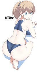 Rule 34 | 1girl, ass, back, bikini, blue eyes, breasts, brown hair, butt crack, character name, full body, hair between eyes, intrepid (kancolle), kantai collection, large breasts, multicolored bikini, multicolored clothes, open mouth, ponytail, shigino sohuzi, short hair, sideboob, simple background, solo, sports bikini, sportswear, swimsuit, wedgie, white background