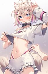 Rule 34 | 1girl, absurdres, ahoge, animal ear fluff, animal ears, arm up, blonde hair, blue eyes, blush, breasts, clothes lift, collar, crop top, disembodied hand, dog ears, dog girl, dog tail, fang, hair ornament, hairclip, highleg, highleg panties, highres, hololive, hololive english, kuri (animejpholic), lifting own clothes, midriff, mococo abyssgard, nail polish, navel, off shoulder, open mouth, panties, panty pull, pink panties, pulling another&#039;s clothes, shirt, shirt lift, short hair, short shorts, shorts, small breasts, stomach, tail, underwear, virtual youtuber, white shirt, white shorts