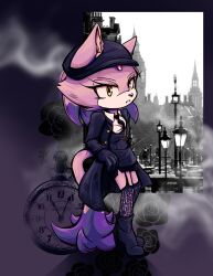 Rule 34 | 1girl, animal ears, black footwear, black gloves, black headwear, black necktie, black thighhighs, blaze the cat, cat ears, cat girl, cat tail, eyelashes, flower, forehead jewel, gloves, hair down, hat, highres, jacket, necktie, open clothes, open jacket, photo background, pocket watch, purple fur, rfts10919, rose, skirt, sonic (series), tail, thighhighs, watch, yellow eyes