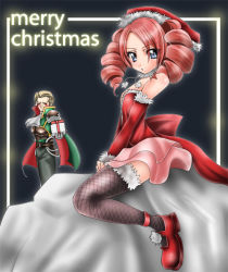 Rule 34 | 1041 (toshikazu), 1boy, 1girl, age difference, amy sorel, blue eyes, choker, christmas, detached sleeves, drill hair, father and daughter, fishnet thighhighs, fishnets, gift, hat, namco, raphael sorel, red hair, santa costume, santa hat, short twintails, soul calibur, soulcalibur, soulcalibur iii, thighhighs, twintails