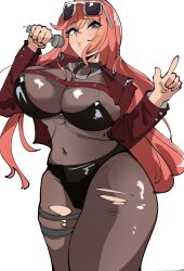 Rule 34 | 1girl, bikini, bikini over clothes, black bikini, blush, bodystocking, breasts, cain lk, cleavage, dark-skinned female, dark skin, eyewear on head, goddess of victory: nikke, holding, jacket, large breasts, leather, leather jacket, long hair, looking at viewer, microphone, open clothes, open jacket, orange eyes, orange hair, red jacket, see-through, see-through cleavage, solo, sunglasses, swimsuit, thighs, torn bodystocking, torn clothes, volume (nikke)