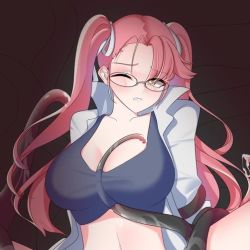 Rule 34 | 1girl, blue eyes, breasts, glasses, highschool of the dead, long hair, open clothes, open shirt, pink hair, solo, tagme, takagi saya, tank top, tentacle grab, tentacles, tentacles between breasts, tentacles under clothes, twintails, yellow eyes