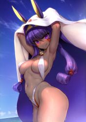 Rule 34 | &gt;:), 1girl, absurdres, animal ears, arched back, armpits, arms up, ass, blue sky, breasts, closed mouth, cowboy shot, cropped, dark-skinned female, dark skin, day, eyeliner, facial mark, fate/grand order, fate (series), from side, hairband, highres, hood, hoodie, jackal ears, large breasts, long hair, looking at viewer, makeup, navel, nitocris (fate), nitocris (fate/grand order), nitocris (swimsuit assassin) (fate), one-piece swimsuit, purple eyes, purple hair, scan, sidelocks, sky, slingshot swimsuit, smile, solo, swimsuit, try (lsc), v-shaped eyebrows, very long hair, white one-piece swimsuit