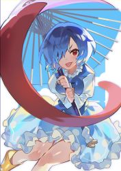 Rule 34 | 1girl, :p, blue eyes, blue hair, blue skirt, blue vest, blush, boots, breasts, commentary request, feet out of frame, hair over one eye, heterochromia, highres, holding, holding umbrella, juliet sleeves, long sleeves, looking at viewer, medium breasts, petticoat, puffy sleeves, red eyes, rubber boots, shirt, short hair, skirt, solo, tatara kogasa, thighs, tongue, tongue out, touhou, u u zan, umbrella, vest, white background, white shirt, yellow footwear