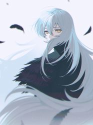 Rule 34 | 1girl, angela (project moon), black cloak, blue hair, cloak, covered mouth, crying, eyelashes, feathers, floating hair, hair between eyes, hair over mouth, highres, ktsis, lobotomy corporation, long hair, looking at viewer, motion blur, project moon, simple background, solo, upper body, very long hair, white background, wind, yellow eyes