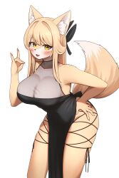 Rule 34 | absurdres, animal ears, black dress, blonde hair, breasts, dress, fox ears, fox girl, fox tail, furry, furry female, hair ornament, highres, jeifier (character), jeifier (korfiorano01), large breasts, long hair, open mouth, original, tail, yellow eyes, yellow fur, yellow tail