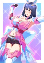 Rule 34 | 1girl, absurdres, alternate costume, armpits, arms up, belt, blue eyes, blue hair, blush, boots, breasts, cleavage, cosplay, fire emblem, gloves, highres, large breasts, medium hair, midriff, navel, nintendo, open mouth, oribe ayaha, oribe tsubasa, oribe tsubasa (cosplay), shorts, solo, thigh boots, thighs, to (tototo tk), tokyo mirage sessions fe