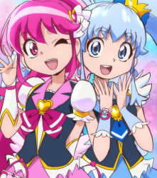 Rule 34 | 10s, 2girls, aino megumi, blue eyes, blue hair, bow, brooch, crown, cure lovely, cure princess, happinesscharge precure!, heart, heart brooch, long hair, looking at viewer, magical girl, multiple girls, oimanji, one eye closed, open mouth, pink bow, pink eyes, pink hair, ponytail, precure, shirayuki hime, twintails, wink