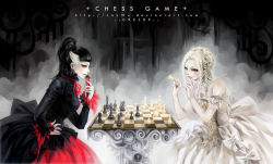 Rule 34 | 2girls, black dress, board game, chess, clock, dress, lan wu, multiple girls, red eyes, smile, white dress