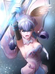 Rule 34 | 1girl, armpits, breasts, cape, cowboy shot, dress, from above, gloves, grey eyes, hat, head wings, highres, holding, holding staff, large breasts, magic, melia antiqua, mercury xeno, open mouth, short dress, silver hair, solo, staff, white gloves, wings, xenoblade chronicles (series), xenoblade chronicles 1