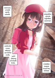 Rule 34 | 1girl, 1other, backpack, bag, brown eyes, closed mouth, dress, earrings, glasses, highres, jacket, jewelry, long hair, lusan666, original, pink bag, pink dress, red headwear, red jacket, stalking, thai commentary, thai text, translation request, wristband