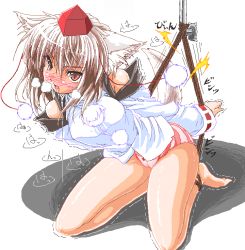 Rule 34 | 1girl, animal ears, bdsm, blush, bondage, bottomless, bound, cameltoe, cleft of venus, detached sleeves, female focus, gizensha, hat, inubashiri momiji, no pants, panties, red eyes, rope, saliva, silver hair, solo, striped clothes, striped panties, tail, tokin hat, touhou, underwear, wolf ears, wolf tail
