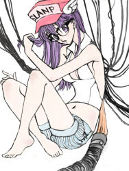 Rule 34 | 1girl, adjusting hair, android, bare shoulders, barefoot, baseball cap, breasts, cable, chii, chobits, clamp, cleavage, clothes writing, crop top, crossover, dr. slump, feet, glasses, ruffling hair, hat, large breasts, legs, long hair, marin (ririkare), navel, no bra, norimaki arale, parody, purple eyes, purple hair, shirt, shorts, sideboob, sitting, sleeveless, sleeveless shirt, solo, striped, style parody, traditional media, winged hat