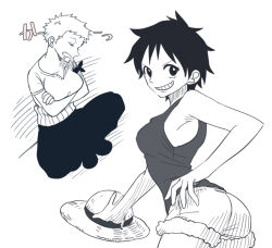 Rule 34 | 2girls, commentary request, eyelashes, fur-trimmed shorts, fur trim, genderswap, genderswap (mtf), greyscale, happy, hat, looking at viewer, monkey d. luffy, monochrome, multiple girls, ns1123, one piece, roronoa zoro, scar, scar on face, shirt, short hair, shorts, simple background, sketch, sleeping, smile, standing, straw hat, white background