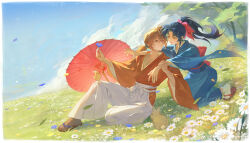 1boy 1girl absurdres arm_grab bird bird_on_knee black_socks blue_eyes blue_flower blue_hair blue_kimono blue_sky bow brown_hair cloud commission daisy day eye_contact face-to-face falling_petals flower full_body geta hair_bow hakama hakama_pants hand_on_another&#039;s_shoulder hand_up hetero highres himura_kenshin holding holding_another&#039;s_wrist holding_flower japanese_clothes kamiya_kaoru kimono kneeling long_hair long_sleeves looking_at_another low_ponytail obi obijime oil-paper_umbrella on_grass orange_kimono pants petals pink_bow rabbit red_umbrella rurouni_kenshin sash sitting sky socks tabi tree turning_head umbrella weibo_logo weibo_watermark white_flower white_hakama white_socks wide_sleeves xianhua_emmm