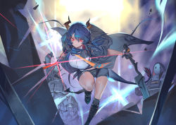 Rule 34 | 1girl, 3others, arknights, arm up, bleeding, blood, blue hair, ch&#039;en (arknights), closed mouth, coat, dual wielding, fingerless gloves, gloves, grey gloves, hair between eyes, hands on own neck, highres, holding, holding sword, holding weapon, horns, injury, kneeling, mask, multiple others, navel, red eyes, sb lama, short shorts, shorts, sleeves rolled up, sword, tail, walkie-talkie, weapon