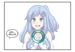 Rule 34 | 1girl, blue hair, blush, breasts, english text, gloves, hair ornament, hairclip, hinghoi, internet explorer, large breasts, loading screen, long hair, open mouth, original, pov, shiny skin, side ponytail, smile, white gloves