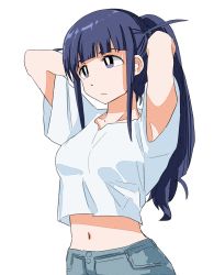 Rule 34 | 1girl, :/, alternate hairstyle, arms behind head, arms up, blue hair, blue pants, blunt bangs, breasts, bright pupils, buttons, closed mouth, collarbone, commentary request, crop top, crop top overhang, denim, gaditava, jeans, long hair, looking away, medium breasts, midriff, navel, pants, pocket, ponytail, purple eyes, shirt, short sleeves, shoujo kageki revue starlight, sidelocks, simple background, solo, standing, stomach, tsuyuzaki mahiru, two side up, tying hair, up sleeve, upper body, white background, white pupils, white shirt, wide sleeves