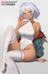 Rule 34 | 1girl, :q, absurdres, aqua eyes, artist name, barcode, bare shoulders, breasts, candy, closed mouth, collarbone, covered navel, dark-skinned female, dark skin, food, foot out of frame, grey hair, gundam, gundam suisei no majo, halter leotard, halterneck, highleg, highres, holding, holding candy, holding food, holding lollipop, jacket, kiu6, large breasts, leotard, lollipop, long sleeves, looking at viewer, off shoulder, open clothes, open jacket, pixiv id, secelia dote, short hair, simple background, sitting, smile, solo, thighhighs, thighs, tongue, tongue out, white leotard, white thighhighs