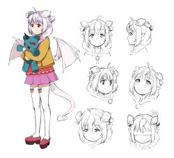 Rule 34 | 1girl, :o, :t, ahoge, blush, braid, child, closed mouth, crying, crying with eyes open, demon girl, demon horns, demon tail, demon wings, embarrassed, expressions, front ponytail, hair over shoulder, holding, holding stuffed toy, horns, jacket, light purple hair, lilim (monster girl encyclopedia), long sleeves, looking at viewer, looking down, maritan (pixelmaritan), monster girl, monster girl encyclopedia, multiple views, original, pink skirt, pleated skirt, pout, profile, red eyes, red shirt, runa, shirt, shoes, simple background, skirt, smile, standing, stuffed animal, stuffed toy, tail, tears, thighhighs, twin braids, white background, white thighhighs, wings, yellow jacket