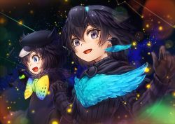 Rule 34 | 2girls, bird wings, black capelet, black eyes, black gloves, black hair, black headwear, black shirt, blue eyes, bow, bowtie, cabbie hat, capelet, commentary request, fireflies, fur collar, gloves, hat, highres, holding hands, kemono friends, lain, large bow, long sleeves, looking at viewer, multicolored neckwear, multiple girls, name connection, open mouth, shirt, short hair, smile, superb bird-of-paradise (kemono friends), western parotia (kemono friends), wings