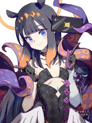 Rule 34 | 1girl, animal ears, black dress, black hair, blue eyes, blush, breasts, brown hair, cellphone, closed mouth, collarbone, commentary request, covered navel, dress, gradient hair, halo, hands up, hololive, hololive english, index fingers raised, long hair, looking at viewer, low wings, mole, mole under eye, multicolored hair, ninomae ina&#039;nis, ninomae ina&#039;nis (1st costume), phone, shadowsinking, simple background, small breasts, smile, solo, strapless, strapless dress, tentacles, very long hair, virtual youtuber, white background, white wings, wings