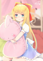 Rule 34 | 1girl, :/, :x, aqua eyes, blonde hair, blue dress, blurry, blush, bow, chita (ketchup), closed mouth, curtains, depth of field, dress, hair bow, half updo, highres, long hair, looking at viewer, o o, hugging object, on bed, original, puffy short sleeves, puffy sleeves, red bow, short sleeves, sitting, solo, stuffed animal, stuffed rabbit, stuffed toy, twitter username, very long hair, white legwear