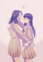 Rule 34 | 2girls, arms around waist, bang dream!, bang dream! it&#039;s mygo!!!!!, black hair, blush, brown dress, brown hair, covering another&#039;s mouth, dress, eye contact, from side, gradient background, grey background, hanasakigawa school uniform, hand over another&#039;s mouth, hands on another&#039;s waist, hashtag-only commentary, heart, highres, long hair, looking at another, mole, mole under eye, multiple girls, neck ribbon, parted lips, pleated skirt, prigpet, profile, purple eyes, red ribbon, ribbon, sailor collar, sailor dress, school uniform, shiina taki, skirt, spoken heart, white sailor collar, yahata umiri