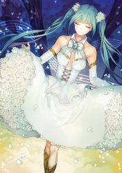 Rule 34 | 1girl, bad id, bad pixiv id, bare shoulders, bridal gauntlets, center opening, corset, dress, closed eyes, green hair, hatsune miku, long hair, nagu, solo, twintails, vocaloid
