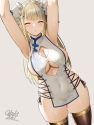 Rule 34 | 1girl, areola slip, armpits, arms up, bare shoulders, black thighhighs, blonde hair, blush, breasts, bun cover, china dress, china dress girl (oekakizuki), chinese clothes, cleavage cutout, closed eyes, closed mouth, clothing cutout, commentary request, cross-laced clothes, cross-laced slit, double bun, dress, hair bun, highres, large breasts, legs, long hair, looking at viewer, mole, mole on breast, no panties, oekakizuki, original, pelvic curtain, revealing clothes, side slit, sideboob, skindentation, smile, solo, thick thighs, thighhighs, thighs