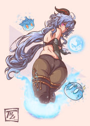 Rule 34 | 1girl, absurdres, ahoge, ass, back, black footwear, black horns, black shorts, blowing kiss, blue fire, blue hair, boots, breasts, brown thighhighs, commentary, crop top, cropped legs, elbow gloves, english commentary, fire, from behind, ganyu (genshin impact), genshin impact, gloves, goat horns, grey gloves, hamza touijri, highres, horns, huge filesize, long hair, looking at viewer, looking back, magic, medium breasts, pantyhose, short shorts, shorts, solo focus, thigh boots, thighhighs, twisted torso, underboob, very long hair
