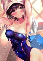Rule 34 | 1girl, :o, absurdres, armpits, arms up, black hair, blue one-piece swimsuit, blush, breasts, brown eyes, cleavage, commentary request, competition swimsuit, covered erect nipples, covered navel, cowboy shot, highres, large breasts, locker, locker room, looking at viewer, ogata tei, one-piece swimsuit, open mouth, original, school swimsuit, shiny swimsuit, short hair, solo, strap slip, swimsuit, towel, towel on head, wet