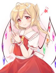 Rule 34 | 1girl, ahoge, artist name, blonde hair, blush, collarbone, commentary, cowboy shot, dated, flandre scarlet, frilled shirt collar, frilled sleeves, frills, gradient background, hair between eyes, haruki (colorful macaron), head tilt, highres, looking at viewer, no headwear, one side up, own hands together, pink background, puffy short sleeves, puffy sleeves, red eyes, red skirt, red vest, shirt, short hair, short sleeves, signature, skirt, smile, solo, standing, star (symbol), steepled fingers, touhou, vest, white background, white shirt, wings, wrist cuffs