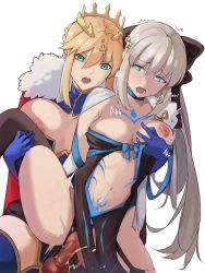 Rule 34 | 2girls, absurdres, aqua eyes, areola slip, artoria pendragon (lancer) (fate), black panties, blonde hair, braid, breasts, breasts out, clothing aside, commentary, cowboy shot, crown, english commentary, fate (series), french braid, futa with female, futanari, green eyes, hair between eyes, highres, incest, large breasts, long hair, medium breasts, morgan le fay (fate), motion blur, multiple girls, navel, newhalf, nipples, panties, pelvic curtain, pelvic curtain aside, penis, pubic tattoo, pussy, sex, siblings, simple background, sisters, spread legs, stomach tattoo, tattoo, testicles, thighhighs, thighs, todding, uncensored, underwear, vaginal, very long hair, white background