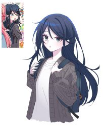 Rule 34 | 2girls, :o, absurdres, backpack, bag, black cardigan, black eyes, blue hair, blush, cable knit, cardigan, collarbone, cropped torso, hair between eyes, hands on own chest, highres, hoshino ichika (project sekai), long hair, long sleeves, looking at viewer, momoi airi, multiple girls, open cardigan, open clothes, open mouth, out of frame, parted bangs, project sekai, reference inset, ritzchrono, shirt, sidelocks, simple background, solo focus, straight hair, white background, white shirt
