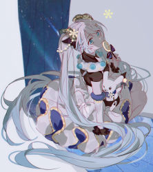 Rule 34 | 1girl, aqua eyes, blue bow, borrowed design, bow, bowtie, commentary, detached sleeves, dress, frilled dress, frills, from above, from behind, hair ornament, hair ribbon, hatsune miku, head tilt, highres, hitokoto, holding, holding wand, light smile, long hair, looking at viewer, looking back, rabbit, rabbit yukine, ribbon, sitting, snowflake print, snowflakes, string of light bulbs, twintails, very long hair, vocaloid, wand, white dress, white hair, white sleeves, yuki miku, yuki miku (2021) (candidate no.5)